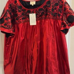 Vibrant Red Blouse with Black Floral Detail